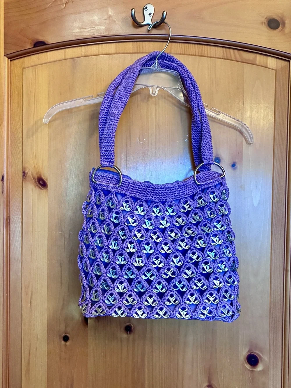 Handcrafted Purple Crochet Shoulder Bag with Soda Can Pull Tab Accents
